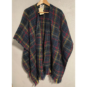 Boyne Valley Weavers Cape Womens One Size Blue Plaid Wool Fringe Open Wrap NWT